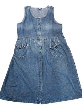 Vintage Truly Yours Denim Jumper Dress Womens Size 22W Blue Pockets Scoop Neck